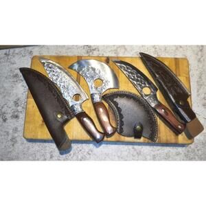 Set of 3 stainless steel chef knives Full tang, wood handle protective sheaths.